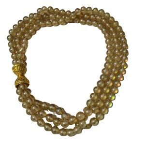 1960s Triple Strand Faux Champagne Pearl Choker Necklace Snap Clip Closure